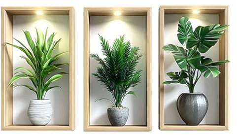 SanKristo 3D Pflanzentöpfe Wandaufkleber 3 PCS, Selbstklebende Realistisch Wandaufkleber Aufkleber Wanddekoration Wandtapeten Vase Wandabziehbild, Wohn Schlafzimmer Küche Bad Wanddekoration 35 X 20CM