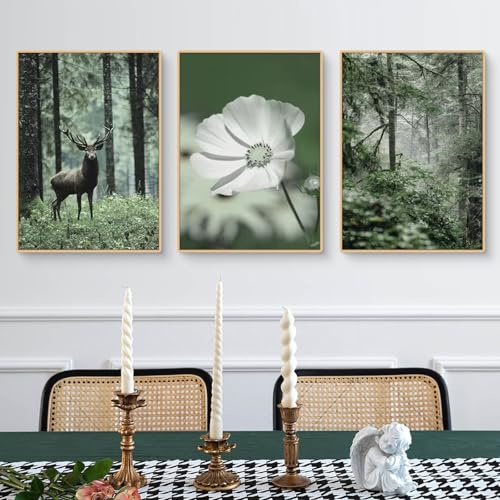 3er Poster Set Grün, Natur Frühling Nordic Moderne Premium Leinwand Bild Poster & Kunstdrucke, Frisches Grün Wald Pflanze Elch Blume Ohne Rahmen Aesthetic Wandbilder (#01, 21x30 cm, Ungerahmt)