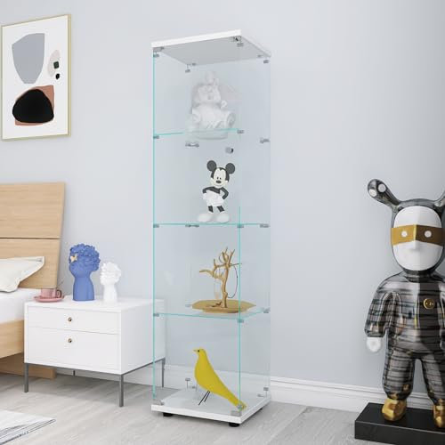 RWUDV Glasvitrine in Weiß, 164x43x37cm, Modern Vitrine mit 4 Regalen, 1 Türen Glas Vitrine Vitrinenschrank, Glasschrank Standvitrine aus Gehärtetes Glas und Holz, für Wohnzimmer