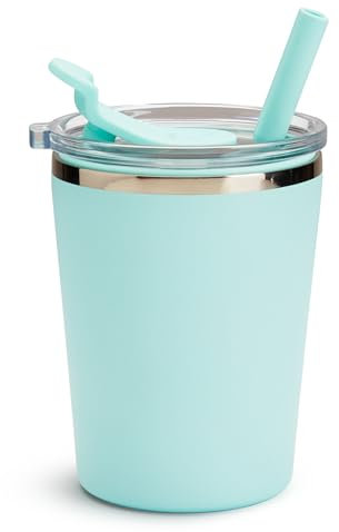 Munchkin Steel My Heart™ 2-in-1 Toddler Sippy Cup Tumbler with Spill Proof Simple Clean™ Straw and Open Sipper Lid, 8 Ounce, Stainless Steel, Teal/Blue