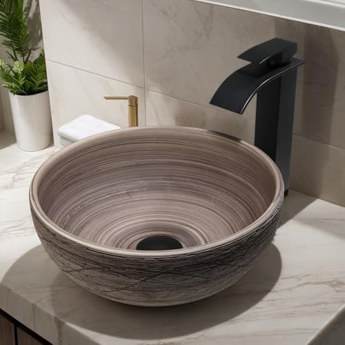 Lonuebu Fregadero redondo de cerámica de 14 pulgadas con grifo de cascada negro y drenaje emergente, fregadero de baño vintage para encimera, 6 pulgadas de altura, lavabo de porcelana retro con patrón
