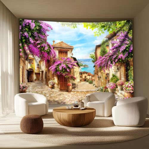 Arsey Mediterraner Wandteppich Blühende Bougainvillea Straßenszene wandtuch, Küstenstadt Natur Landschaft boho schöne wandteppiche Café Restaurant Wohnzimmer Hintergrund Deko, 150 x 130 cm