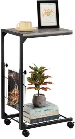 Nandae Table d'appoint réglable, table d'appoint pour ordinateur portable avec roulettes, table coulissante sous le canapé avec panier de rangement en maille, bureau café en C pour salon et chambre à