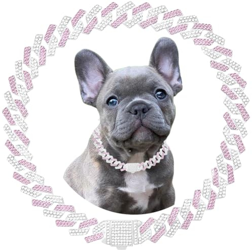 Pink Dog Chain Collars Bling Diamond Cuban Link Puppy Collar With Secure Buckle Walking Metal Chain Necklace Crystal Jewelry Cat Collars for Small Medium Large Pet Dogs Girls Female, 10 Inch
