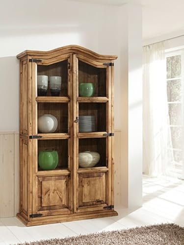 WOLF MÖBEL WOOD YOU LIKE MEXIKO Vitrine mit 2 Glastüren, 3 Einlegeböden, Ponderosa Pinie Massivholz, Honig gewachst, mexikanischer Landhausstil, Handarbeit, 106x43x190 cm