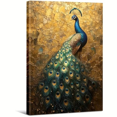 BMGKYAGL Pfau, leuchtend blaue und grüne Federn auf goldenem, großem Wandbild, Heimdekoration, Leinwandgemälde, 70 x 100 cm, rahmenlos