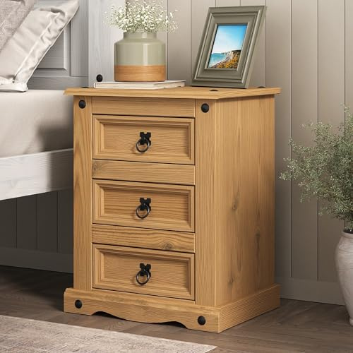 Corona Bedside Table Cabinet Large Nightstand 3 Drawer Solid Pine Wood Wax Finish 60cm H x 48cm W x 35cm D