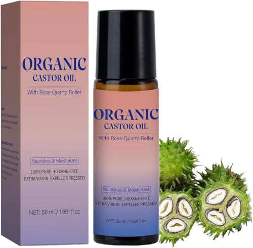 Organic Castor Oil With Rose Quartz Roller, Roller Ball Castors Oil Organic To Moisturize Skin, Lips, Gently Moisturizes Nourishes Skin Care, Natural Castor Oil Roll On For Face & Body (1PC, 50ml)