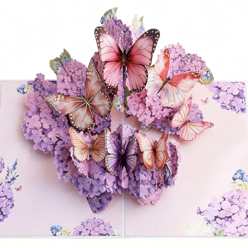 BYZANDQI Geburtstagskarte Frau - Pop Up Karte mit Schmetterlingen & Blumen | 3D Grußkarte Genesungskarte Glückwunschkarte für Frau Mama Freundin (Lila Schmetterling)