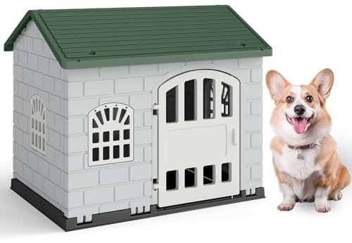 COSTWAY Niche pour Chien Exterieur Interieur, Porte Verrouillable, 3 Fenêtres, Cage Chien Chat en PP, Toit Incliné, Patins Antidérapants, Facile à Monter, pour Chiot Chat Lapin, 75 x 58 x 65 cm (Vert)
