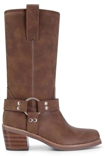 MICIFA Brown Riding Boots for Women Square Toe Cowboy Cowgirl Boots Pull On Mid Calf Biker Moto Boot Chunky Block Heel Western Motocycle Booties with Studs