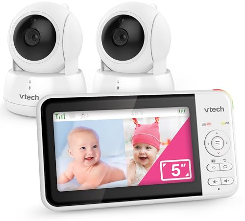 VTech VM924-2 Video-Babyphone mit 5-Zoll-LCD-Farbbildschirm und 2 Kameras, bis zu 17 h Video- und 31 h reines Audio-Streaming, Nachtsicht, 300m Reichweite, Schwenk-Neige-Zoom-Funktion, Schlaflieder