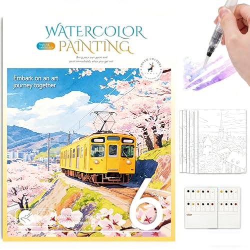 NANASUGUR Livre Peinture Aquarelle pour Adultes Débutants - Kit Complet avec Pinceau, 12 Couleurs Solides et Nuanciers, Cahier d'Exercices Anti-Stress Portable