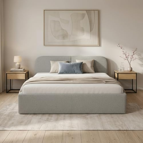 Dekori Möbel BELMI Slim Polsterbett mit Bettkasten, und Holzrahmen, Stauraum, Bouclé-Stoff (Quelle 83 (Hellgrau), 140x200 cm)