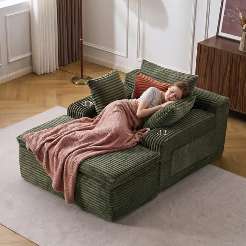 EBELLO Schlafsofa 165×112cm Sofa mit Schlaffunktion, Boneless Bodensofa mit Federkern, Modernes Cloud Sofa mit Chaiselongue, Bequeme Couch für Wohnzimmer mit 3 Kissen&1 Blanket, Retro-Grün