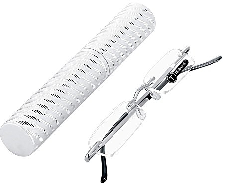 TERAISE Upgrade Lightweight Reading Glasses Frameless Readers clear lens for Men and Women w/Pen Clip Tube Case(3.0x)