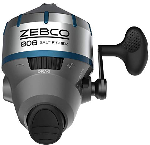 Zebco 808 Saltfisher Spincast Angelrolle Größe 80 Rolle wechselbar Rechts- oder Linkshänder abholbar vorgespult mit 9.1 kg Angelschnur Edelstahl Kugellager Antrieb Silber