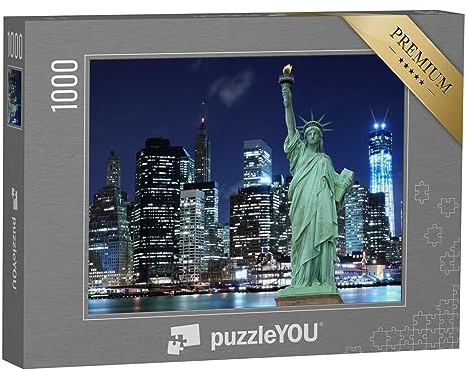 puzzleYOU: Puzzle 1000 Teile „Manhattan mit Freiheitsstatue: Skyline bei Nacht, New York“ – aus der Puzzle-Kollektion Amerika, Amerikanische Städte