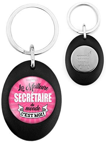 Badgmania Porte Clés Ovale Noir Jeton de Caddie La meilleure Secrétaire du monde C'est MOI - Fond Rose - Idée Cadeau Femme Humour Métier