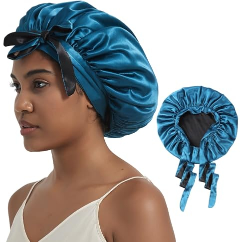 Hat Hut Schlafmütze Seiden Haarhaube Satin Schlafhaube für Locken Seidenhaube zum Schlafen Silk Bonnet Schlafkappe für Damen und Mädchen (Preußischblau/Schwarz)
