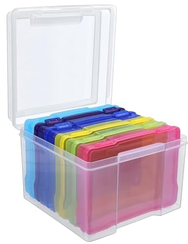 BELLE VOUS 5x7 inch Clear Photo Storage Boxes - 6 Multicoloured Inner Photo Keeper for 600 Photo Capacity - Craft & Photograph Organiser Cases - Also Suitable for Cards, Stamps, Seeds and More