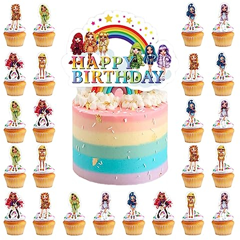 Miotlsy Rainbow Doll Cake Toppers Miotlsy Birthday Party Supplies cartoon Cupcake Toppers Personalized Cake Decor for Boys Girls Happy Birthday Cake Toppers 25 pcs