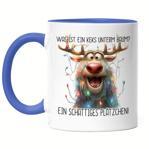 Hey!Print Was Ist Ein Keks Unterm Baum Ein Schattiges Plätzchen Rentier Julklapp Geschenk Tasse Blau Weihnachten