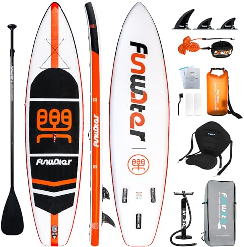 FunWater Aufblasbares Stand Up Paddle Board Multifunktionale Paddelboards mit Flossen, Knochleine, SUP Pump, Paddel, Sup-Rucksack, Für Erwachsene und Aller Könnensstufen (11'-KEILSCHRIFT Elite)