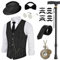 20er Jahre Kostüm Herren Streifen Weste mit Accessories, Faltbare Krücke Taschenuhr Bart Fedora Gläser, Krawatte, für Mafia Kostüm 1920S Gangster Peaky Blinders Karneval Halloween Mottoparty