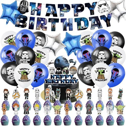 48Pcs Birthday Party Decorations, Cartoon Balloons Foil Balloons Happy Birthday Banner Latex Balloon Cake Toppers birthday Party Supplies for Kids Boys Girls