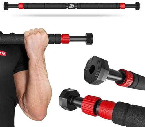 HOP-SPORT® Barre de Traction pour Porte HS-M050DP, Barre de Porte Réglable de 65 à 100 cm avec Fixation sans Perçage, Charge maximale 150 kg, Musculation à Domicile, Prise Antidérapante, Rouge