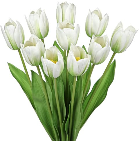 Arborus 10 STK Fake Tulpen 50 cm Kunsttulpen Kunstblumen Frühling Künstliche Tulpen Weiß Blumen Künstlich wie Echt Vase Deko auf Tisch Regal im Wohnzimmer Schlafzimmer Badezimmer Esszimmer