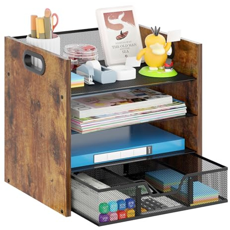Boershun Schreibtisch-Organizer aus Holz – 4-stöckiger Schreibtisch-Organizer mit Schublade, Holz-Papierablage, Büro-Schreibtisch-Organizer für Papiere, Post, Notizbücher, Schreibwaren