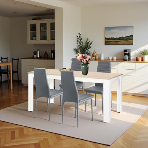 FURNITABLE Mesa de comedor con 4 sillas de comedor, con respaldo alto, silla de piel sintética para 4 personas, para cocina, salón (mesa de 160 cm de roble y blanco, 4 sillas gris)