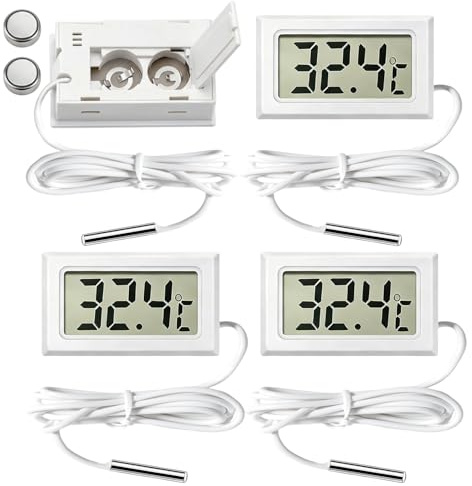 Fridge Temperature Thermometers 4 Pcs, Digital Fridge Thermometer with External Probe for Freezer Refrigerator Aquarium, LCD Display -50℃ to +110℃ Range, ±1.0℃ Accuracy, White