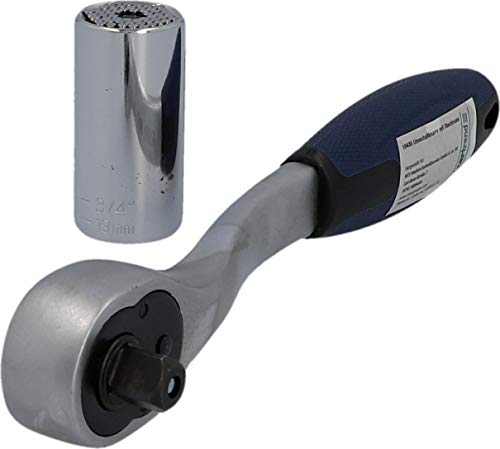 CARTREND Umschaltknarre mit Universalstecknuss 7 bis 19 mm mit Umschalthebel Soft Grip, belastbar bis 300 Nm, 9,5 mm (3/8 Zoll)