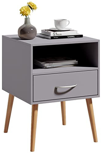 Jooli H Table de Chevet Lot de 1 Gris, Table de Nuit Scandinave avec 1 Tiroir et 1 Niche de Rangement Table d'appoint Bois pour Chambre Salon, 42P x 42L x 56H cm