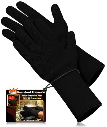 Medipaq - Long Wrist Protect Heat Resistant Gloves for Cooking - 1 Pair of Heat Proof Gloves - BBQ Gloves for Outdoors - Heat Resistant Oven Gloves with Fingers for Burn Prevention - Black