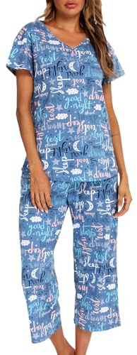 ENJOYNIGHT Womens Pyjama Sets Cotton Pjs Short Sleeve Capri Pants Nightwear | Summer Loungewear, Soft Lightweight Cotton Fabric, Stylish V-Neck, Cute Print, Loose Casual Fit
