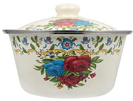 BESTonZON Vintage Emaille Handgemalte Schüssel 22 cm Große Salatschüssel mit Deckel Obstschale Mischschüssel Servierschüssel Handgemachte Blumenkunstschüssel für Wohnkultur Stil 2