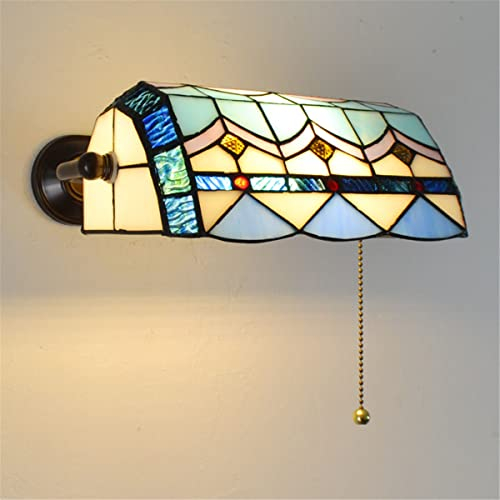 QJUZO Retro Wandleuchte Mit Zugschalter, Banker Lampe Landhausstil Tiffany Wandlampe, Glasmalerei Lampenschirm E27 Wandbeleuchtung Schlafzimmer Nachttischlampe Wohnzimmerlampe Studieren Licht,F