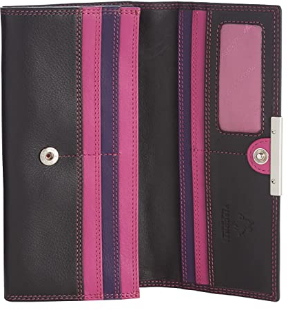 Visconti Portafoglio Donna 100% Vera Pelle - Protezione RFID - XL 18 x 9 cm - Portafoglio con Bottone Automatico per Extra Sicurezza Portafoglio Bifold con Confezione Regalo 'Rio' - Nero/Viola