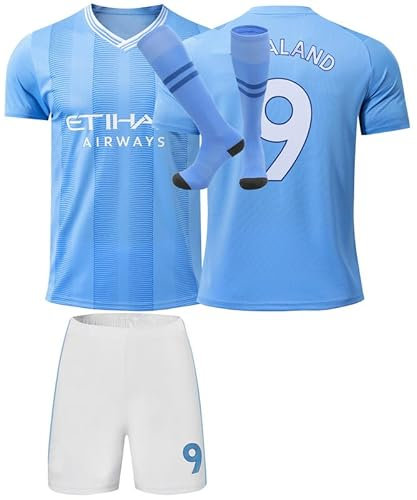 Mokiss Erling #9 Blue Kinder Trikot Fußball Neu Saison, Shorts Socken Jugendgrößen (Heim,24)