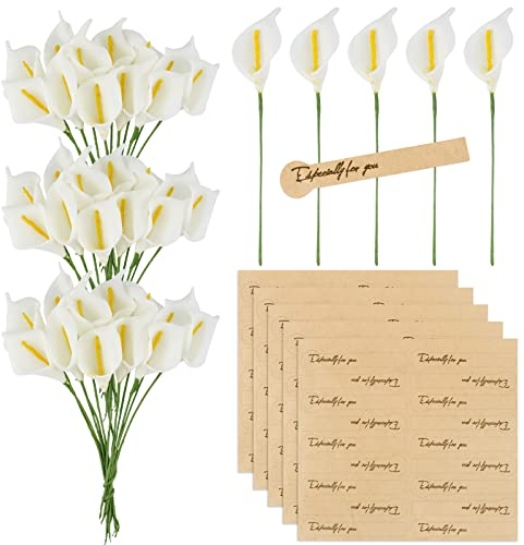 BETESSIN 144Pcs Künstliche Blumen Calla Lilien 2,3cm Kunstblumen Klein mit 90 Stickers Milchweiß Dekoblumen mit Metalldraht Gefälschte Blumen Party Hochzeit DIY Scrapbook Karten Dekoration