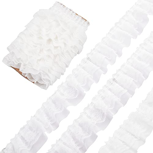 GORGECRAFT 10M 2-Lagiger Weißer Plissierter Chiffon-Spitzenbesatz 5cm Breit Doppellagig Geraffter Rüschenbesatz Tüllbesatz Stoffband Für Zuhause Heimwerken Nähen Basteln Kostüm Kissenbezüge