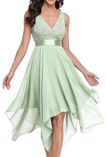 Ever-Pretty Robe de Cocktail Asymétrique au Genou Femme Double Col-V sans Manche en Dentelle Mousseline de Soie Vert Menthe 52
