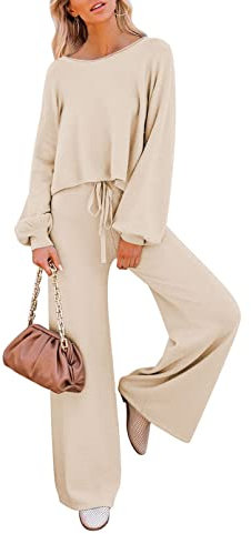 Sovoyontee Damen Langarm Kurz Top Sweatsuit Loungewear Weitem Hose Strick Pullover Trainingsanzug 2-Teiliges Set Beige L