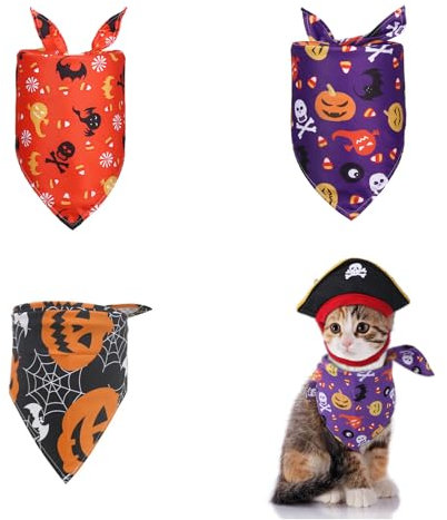 RTRTGS 3 StüCk Halloween-hundehalstuch, Haustierschal, halstuch hund, Waschbarer Dreieckiger Hundeschal,Geistermuster-Haustierschal FüR Halloween Und Thanksgiving(M:65 * 42 * 42cm)