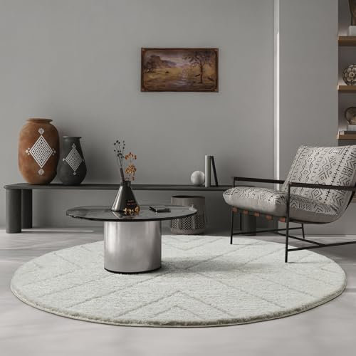 the carpet Bahar Shaggy eleganter Designer Teppich Wohnzimmer, weicher & pflegeleichter Hochflor Wohnzimmerteppich in Creme-Raute 120 cm Rund