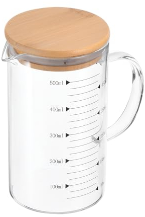 PATIKIL Verre Doseur de 500 ml, Gradué en Verre Borosilicate 3.3 avec Échelle Imprimée en Noir, Tasse à Mesurer Liquide avec Couvercle en Bois Et Bec en Forme de V Pour la Cuisine
